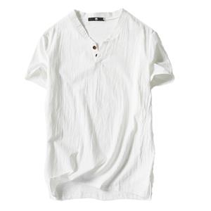 Ximalaya Ramidos heren zomer casual linnen en katoen korte mouw V-hals T-shirt top blouse tee 3XL donkerblauwe kleur