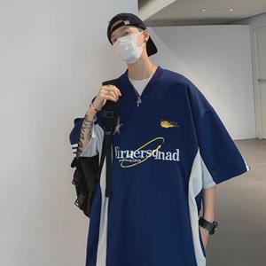 VantaGoods Nieuwe zomer V-hals geborduurd T-shirt voor jongens met vijfpuntsmouwen - Modieus en eenvoudig ontwerp Medium blauw