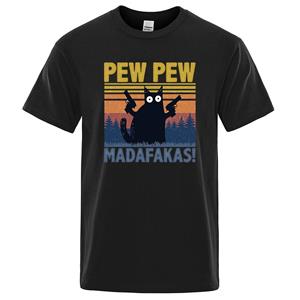 Comfortable season Pew Pew Madafakas T-shirt Heren Korte Mouw Nieuwigheid Grappige Kat T-shirt Katoen Oversize Tops Shirts Tee T-shirt Ronde Hals Streetwear S beige