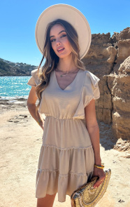 Jurkjes Ruches V-Hals Jurk Lexi Beige