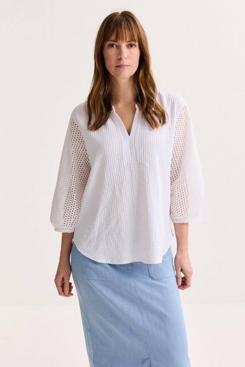 Mayerline Seersucker Blouse Met Ajourmouw