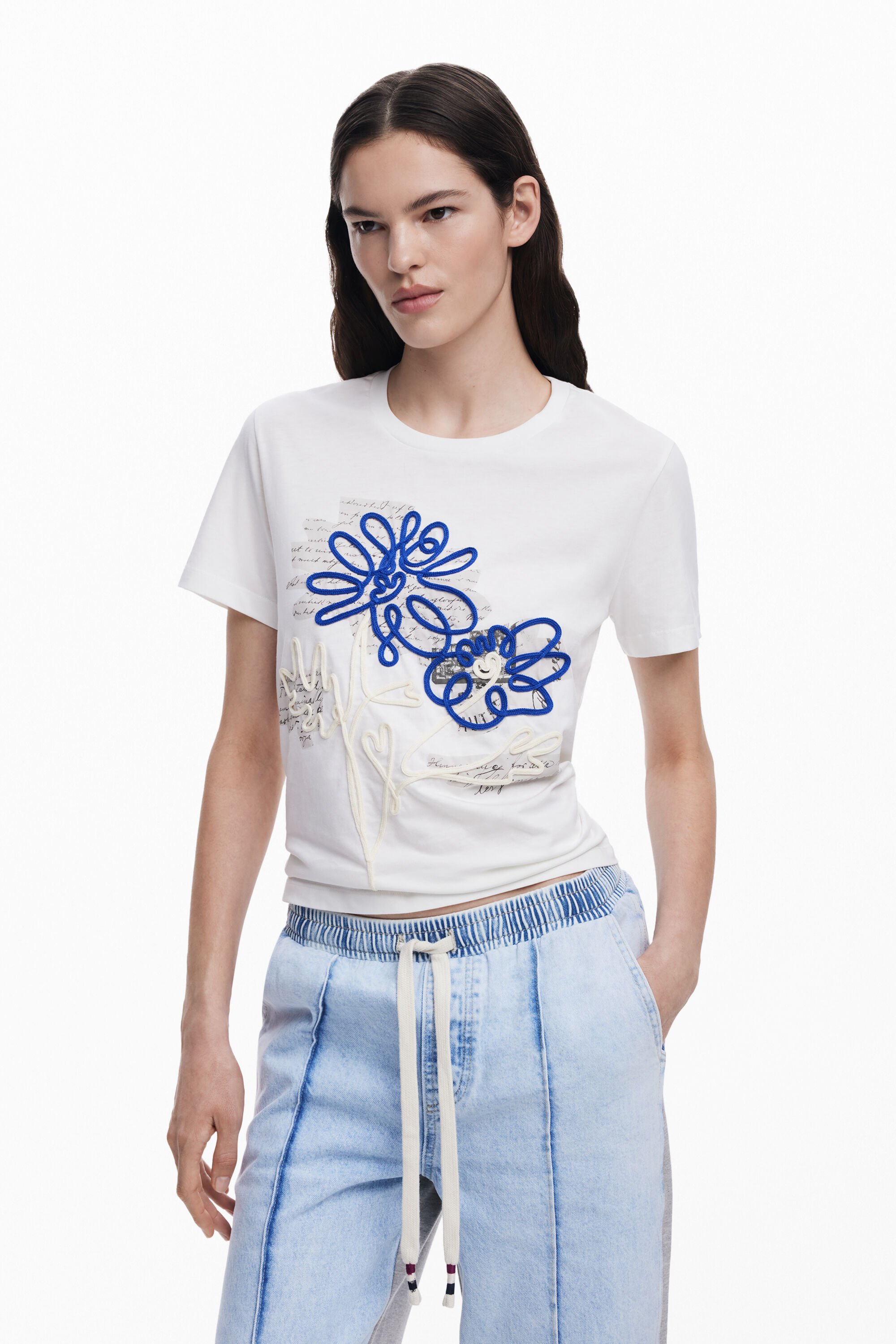 desigual Bloemen T-shirt met koord - WHITE