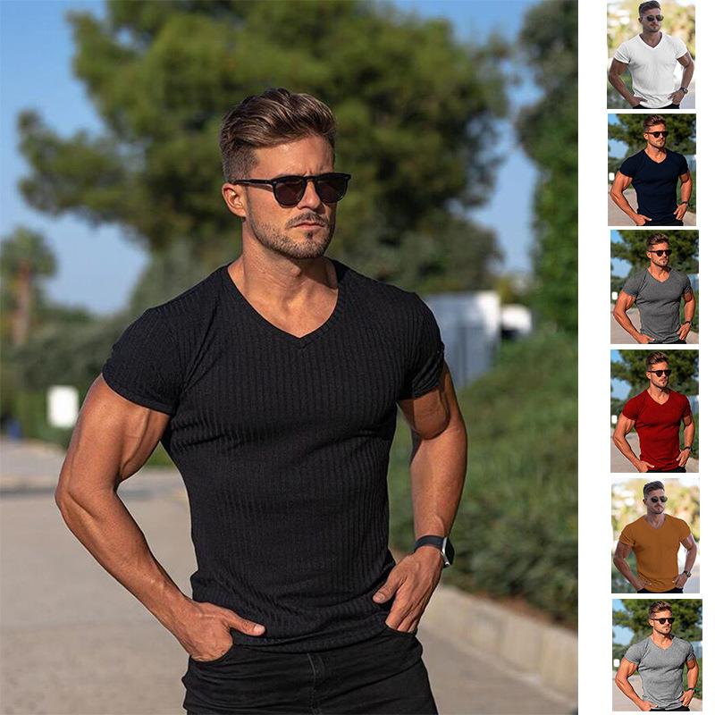Cloudy and sunny days Gym T-shirt Heren V-hals Korte Mouw Gebreide T-shirt Sport Slim Fit T-shirt Mannelijke Fitness Bodybuilding Workout Zomerkleding M