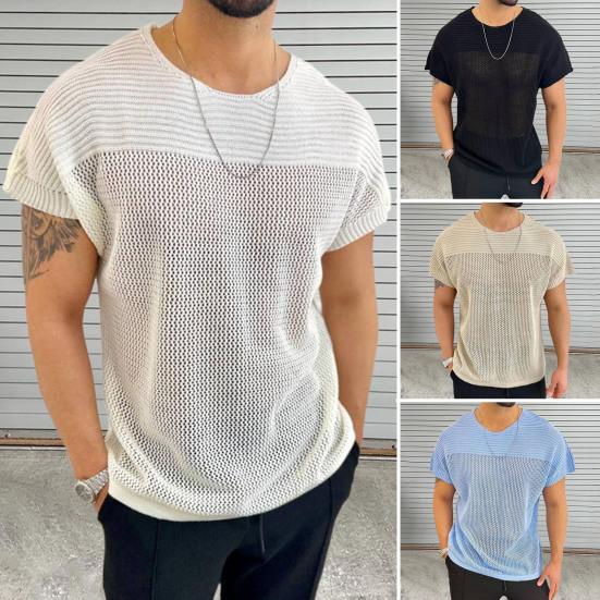 Jingli Heren tops ronde hals korte mouwen effen kleur stiksel ontwerp T-shirt gebreid hol mesh ontwerp trui tops M blauw