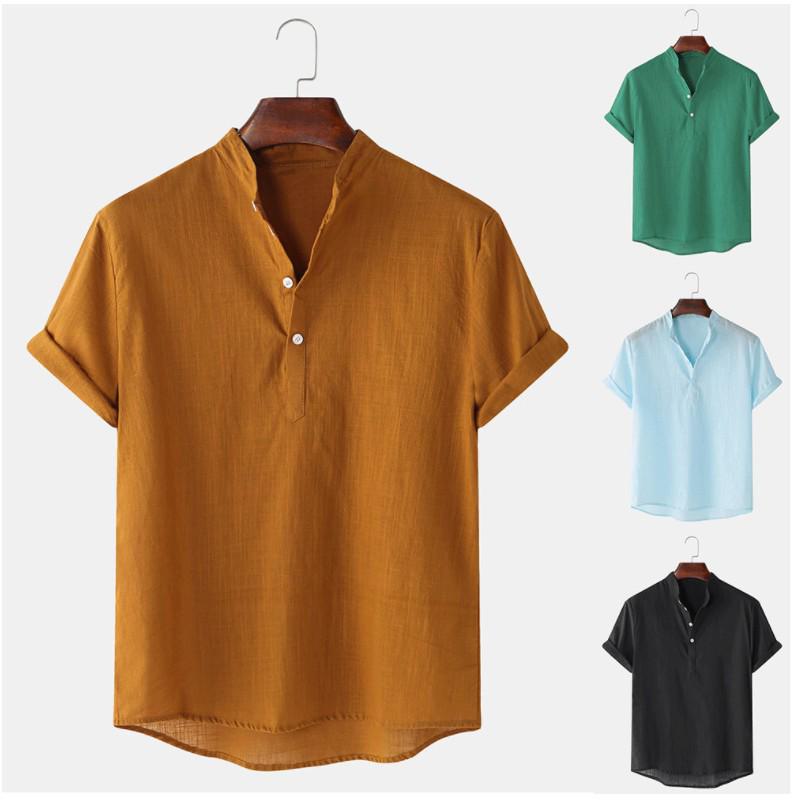 Top Men Wardrobe 2024 Heren ademend katoenen linnen effen Henley-overhemd met korte mouwen M kaki