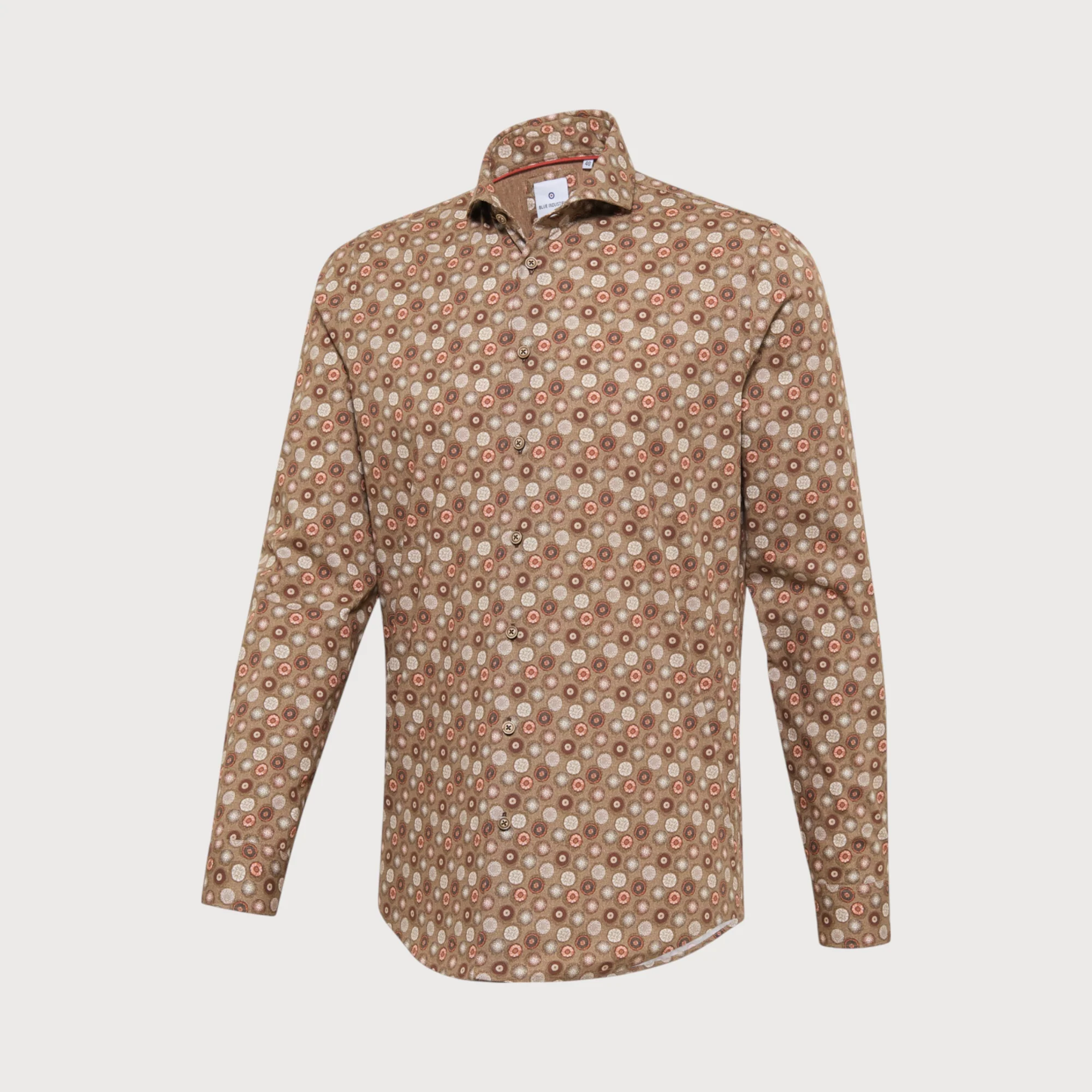 Blue Industry Overhemd poplin stretch, zandkleurig stippen motief |