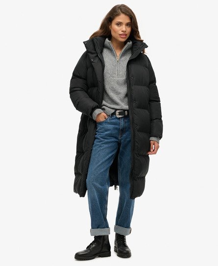Superdry Vrouwen Lange Pufferjas met Capuchon Zwart