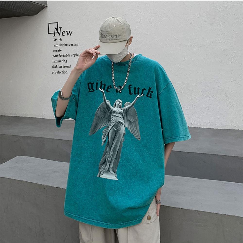 FEGKZLI Fashion 100% katoen Acid Washed Vintage korte mouw T-shirt Voorkant bedrukking Streetwear HipHop Harajuku Oversized T-shirts S roze