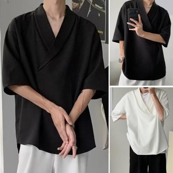 Western Cool Men Heren Zomer Shirt V Hals Los Baggy Effen Kleur Zacht Hip Hop Halve Mouwen Zacht Ademend Casual Pullover Streetwear Haarstylist Top L zwart