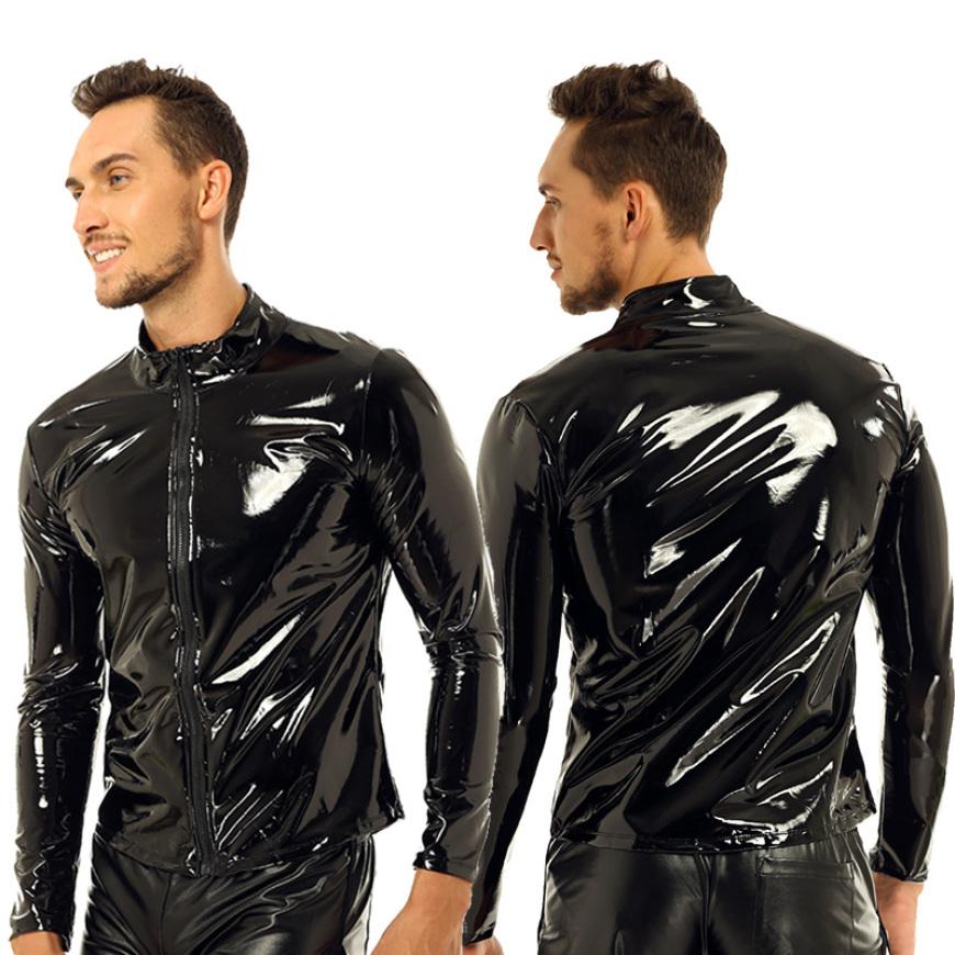 NB Fashion Mannen Glanzend Metallic Lange Mouw Rits Vooraan Opstaande Kraag Tops Wetlook Lakleer Nachtclubstijl T-shirt Topjas M zwart
