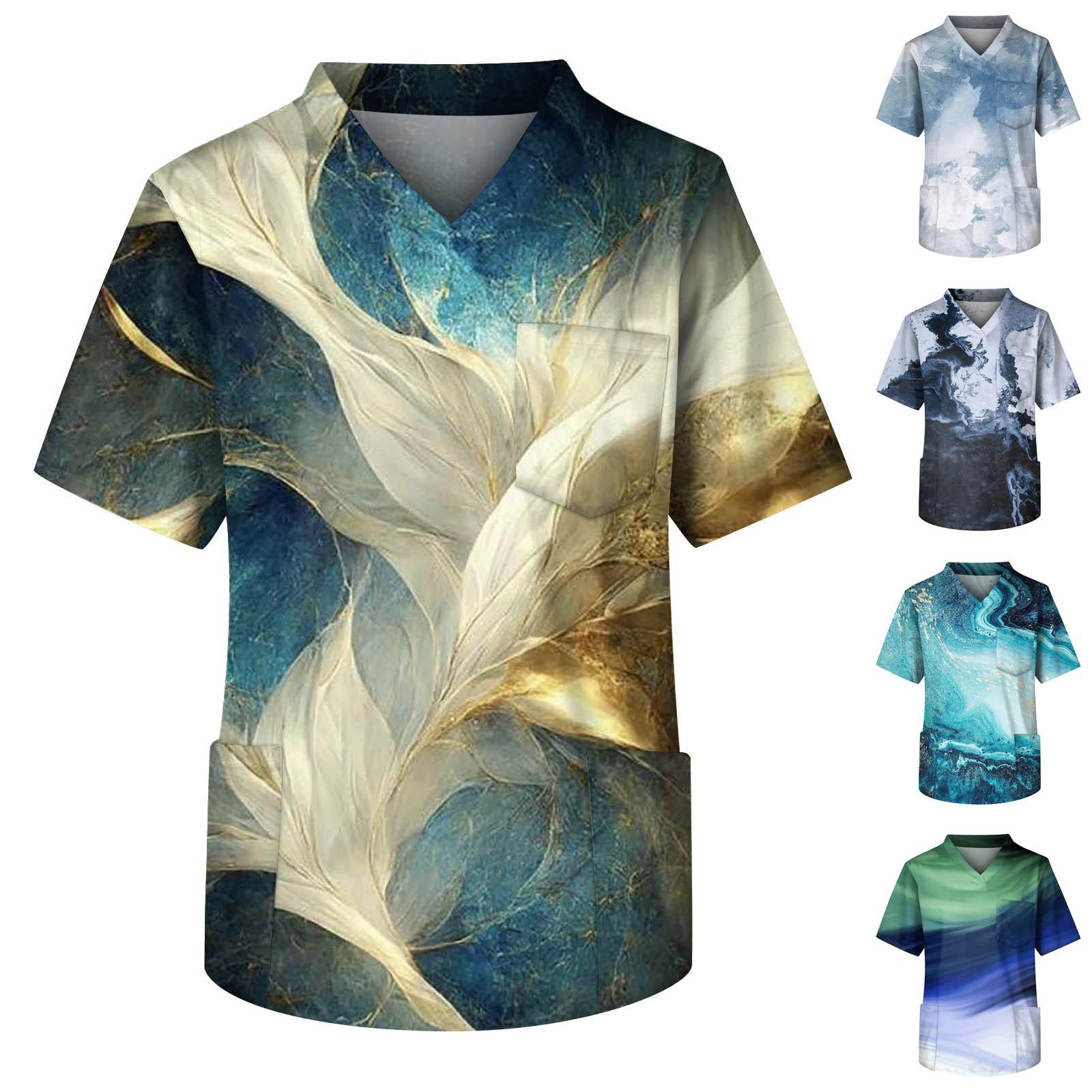 Molihua Heren Bedrukte Korte Mouw V-hals Tops Werkende Zak Blouse XXXL