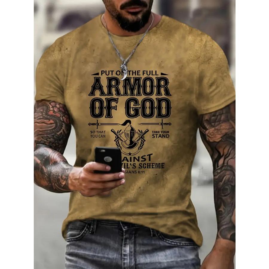 HerSight Plus Size Men's  Armor Of God  Graphic Print T-shirt For Summer, Fashion Casual Short Sleeve Tees For Big & Tall Males S