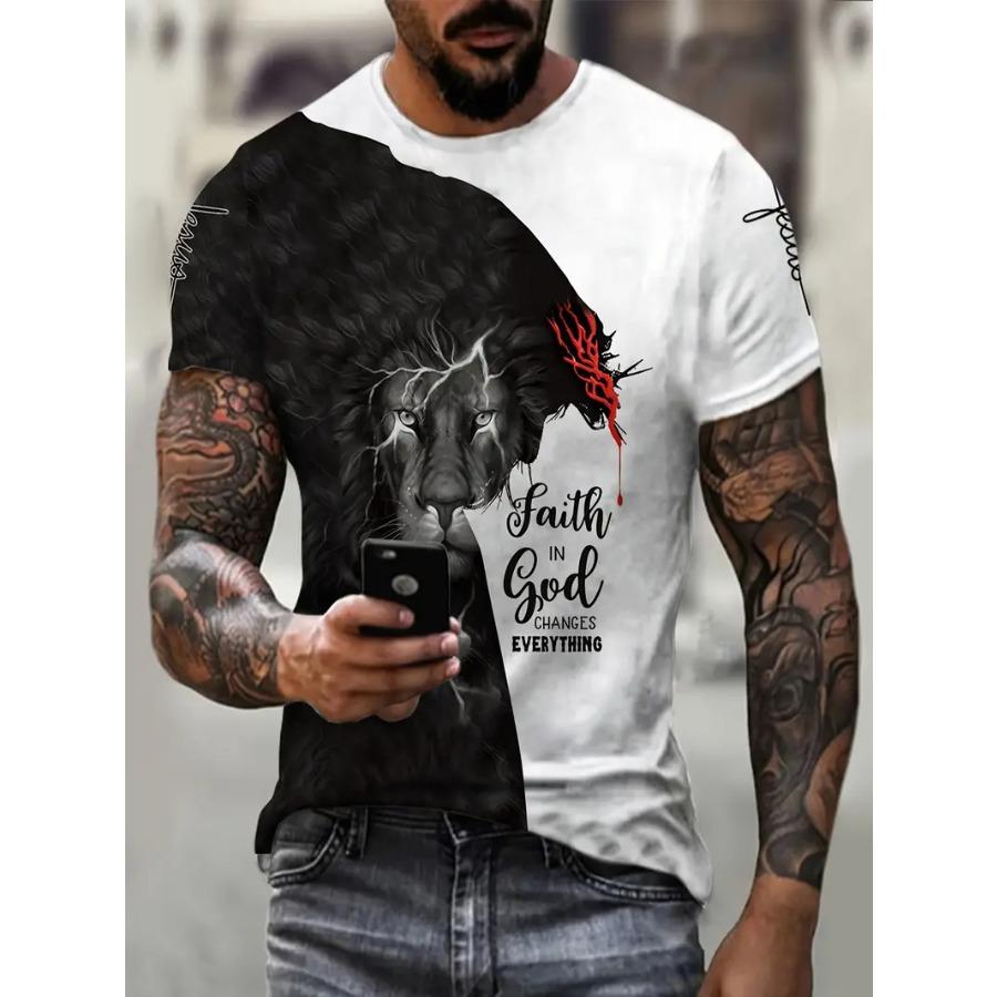 ForYourBeauty Plus Size Casual Tee Men's 3D Lion Graphic Print T-shirt For Summer, Men's Clothing S