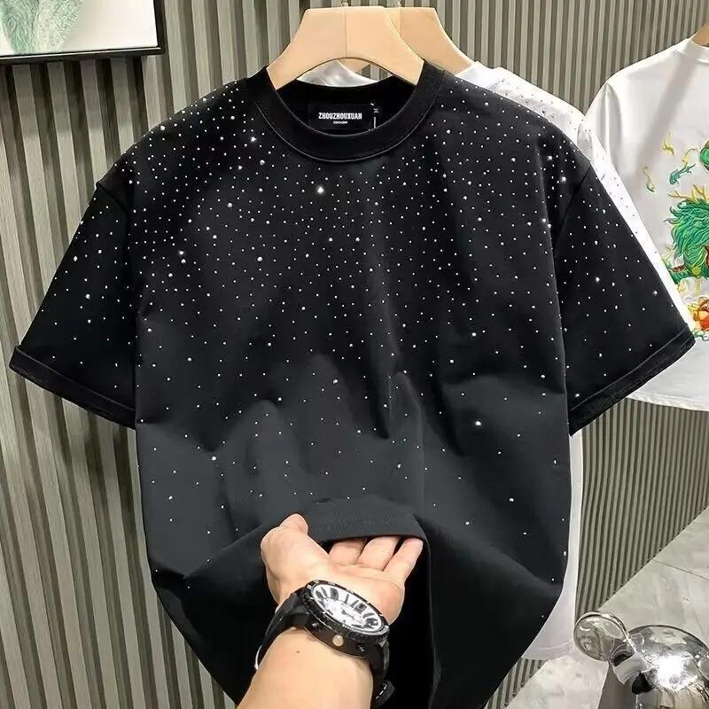 RUOK Zomer Strass Klinknagel T-shirt Herenkleding Ronde Hals Casual T-shirt Mode High Street Heren Zomer Korte Mouwen S wit