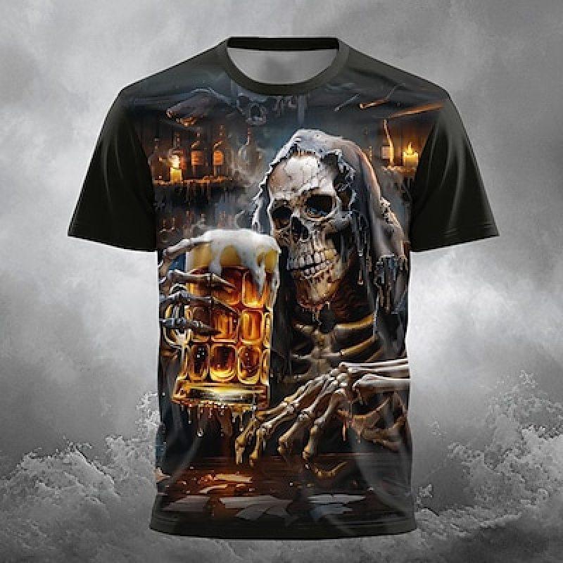 ETST 03 Schedel Oktoberfest Bier Designer Gothic Heren 3D Print T-shirt Tee Party Street Casual Korte Mouw Ronde Hals Zomerkleding S