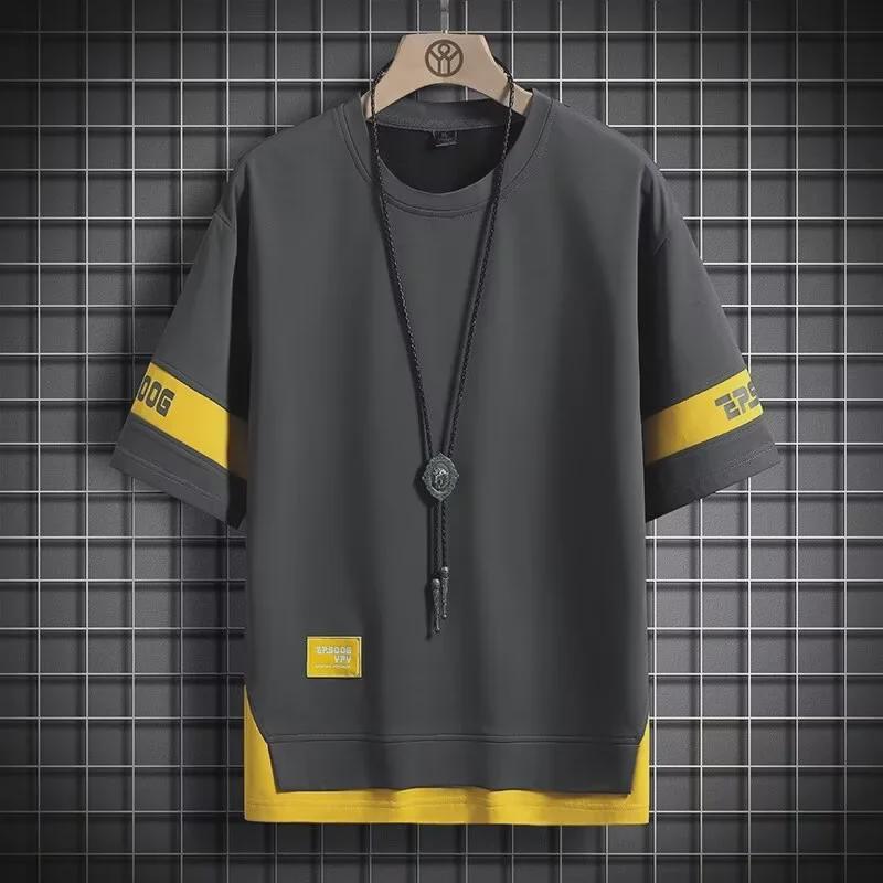 VantaGoods Trendy neppe tweedelige hiphop-T-shirts met korte mouwen voor heren (2024): Europese en Amerikaanse stijl, ronde hals, zomer. 3XL grijze kleur