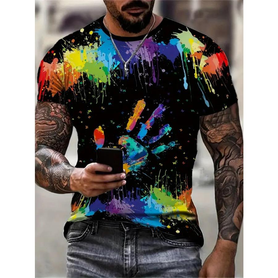 HerSight Heren T-shirt met kleurrijke pootprint, casual T-shirt met korte mouwen en ronde hals, herenkleding voor buiten L