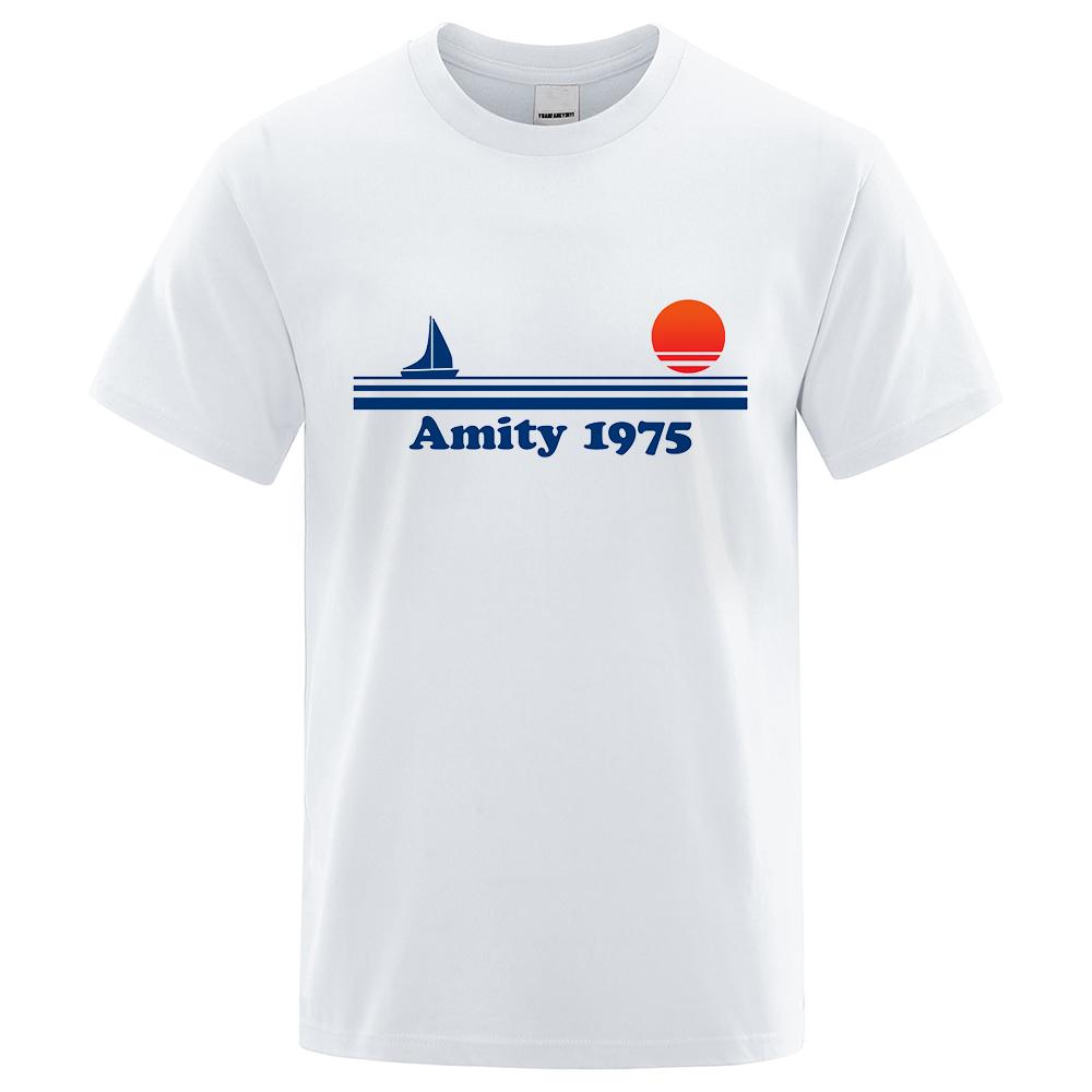 HerSight katoen Amity 1975 - Jaws Retro Print T-shirt Heren Creativiteit Zweetkleding Mode Tee Kleding T-shirts Ademende Katoenen T-shirts Man M grijze kleur