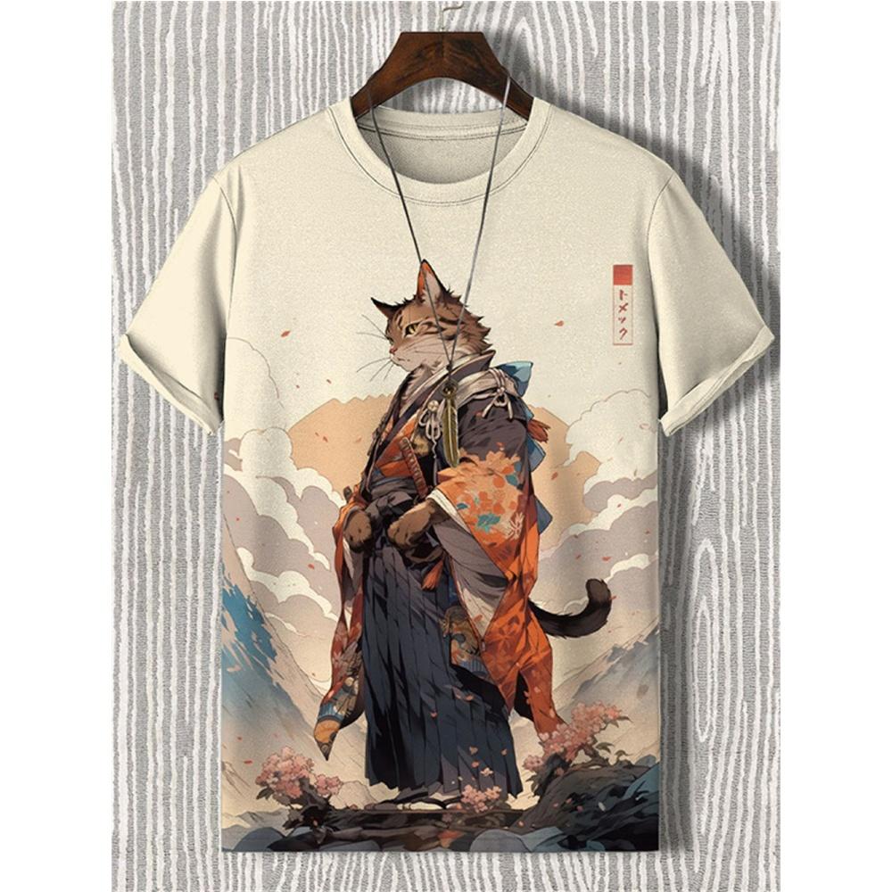 ETST0012 Japanse Samurai Kat Heren T-shirt Zomer Mode Korte Mouw Casual Top Losse Ademende Micro Elastische O Hals T-shirt Heren L
