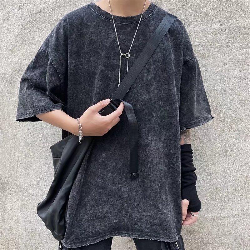 RUOK Zomer Klassieke Retro Vintage Mode Heren T-shirt Mineral Washed Distressed Heren Streetwear Tie Dyed Acid Unisex Casual S grijs