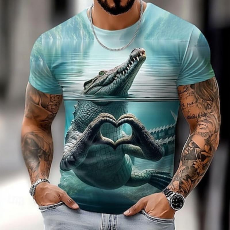 ETST 007 Krokodil grappig T-shirt met korte mouwen voor heren, 3D-print, ronde hals, overdreven designer, feest, vakantie, blauwe zomer, lentekleding L
