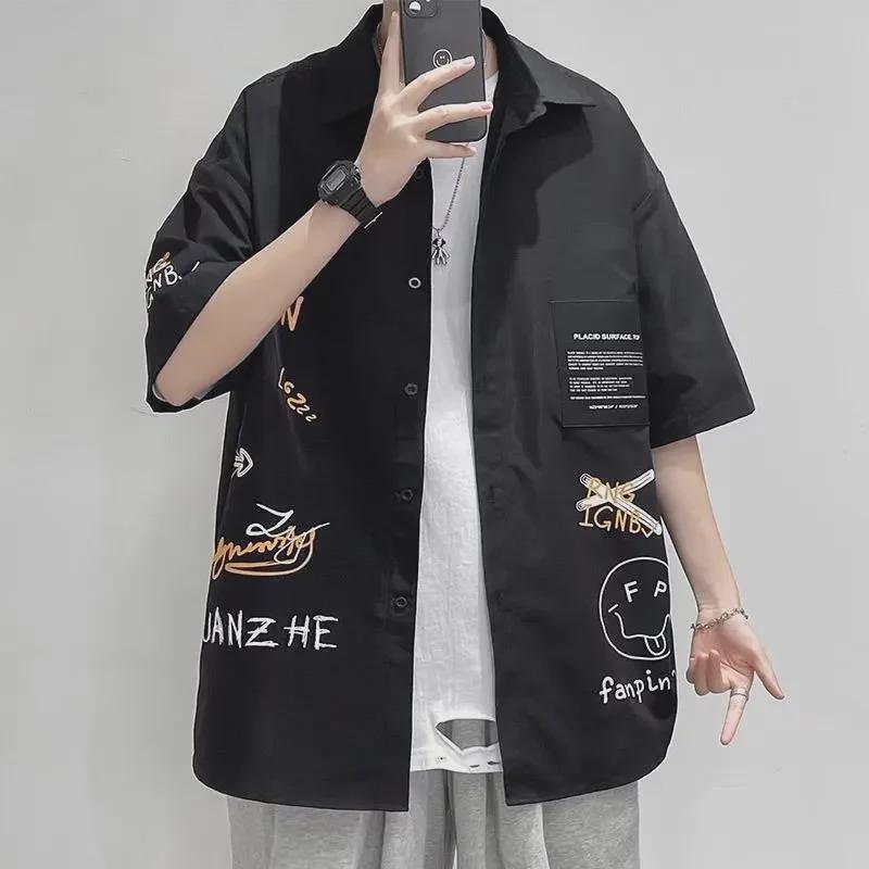 VantaGoods Retro Japans overhemd met korte mouwen voor heren: Los, trendy, effen kleur, perfect voor koppels en werkkleding M zwart