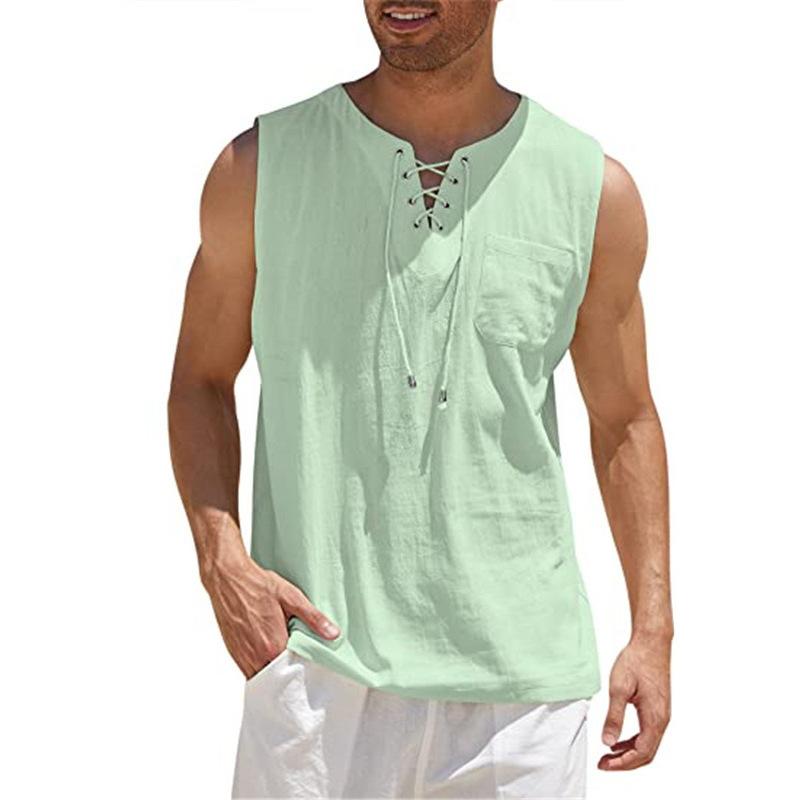 Tooyoo Katoenen linnen overhemden Heren casual mouwloos vest bandage veterblouse retro V-hals mode losse overhemd heren effen kleur kleding 4XL kaki