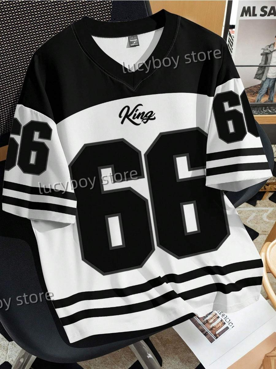 Tooyoo Herennummer 66 Letter 3D KING Print T-shirt Heren Korte Mouw Sportkleding Voetbal T-shirt Vintage Oversize Kleding S