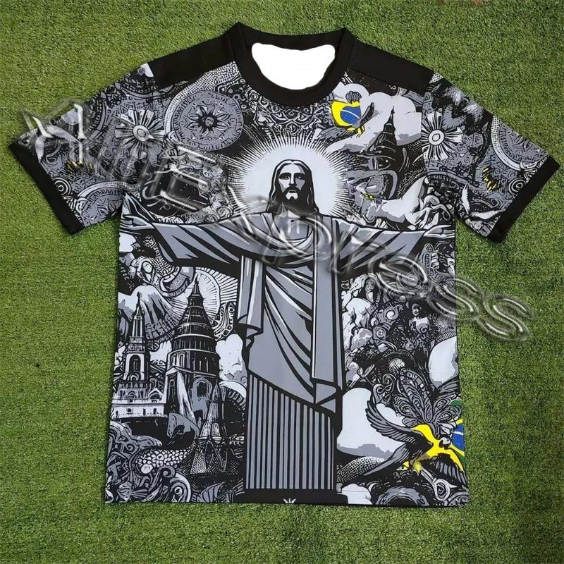Zengyanqin02 Zomer Voetbal Training T-shirt, Brazilië Speciale Editie, Jezus Zwart en Wit Heren Sport Casual T-shirt voor Kinderen XS
