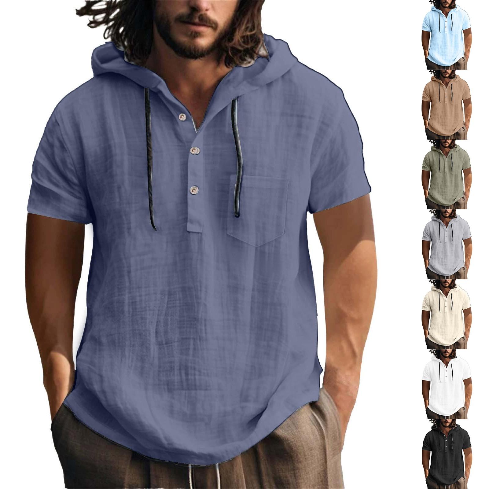 Jiangnan E Heren hoodie met korte mouwen, zomers katoen, hennep, katoen, dun, casual, effen kleur, los XL Vloot