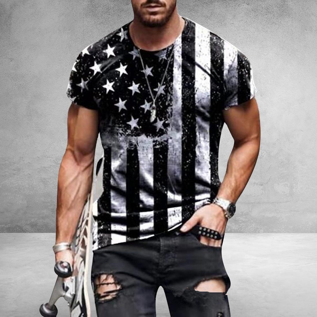 Kukebang Heren T-shirt Amerikaanse vlag print T-shirt zomer ronde hals cool oversize spier streetwear kleding t-shirt heren M