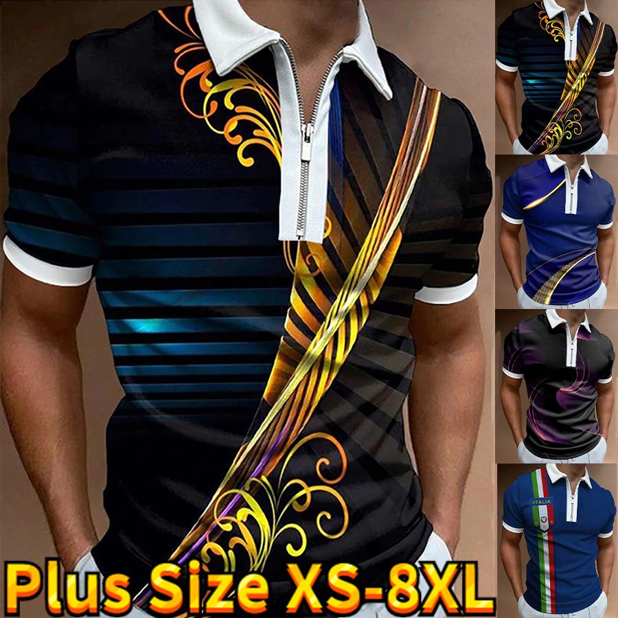 Happy Show Casual Revers T-shirt Jonge Mannen Mode Rits T-shirt Korte Mouw T-shirt Mannen 3D Gouden Bloemenprint T-shirt 8XL geel