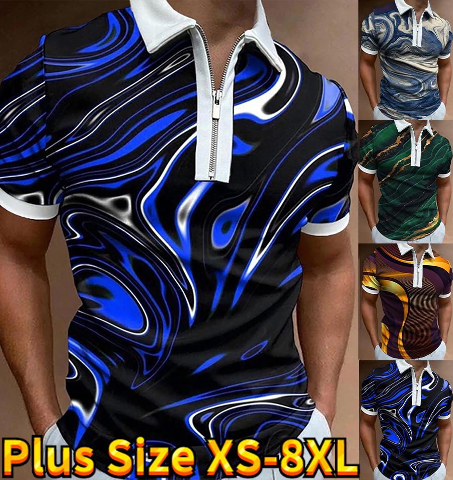 Happy Show Casual Revers T-shirt Jonge Mannen Mode Rits T-shirt Korte Mouw T-shirt Mannen 3D Blue Lake Water Print T-shirt 8XL geel