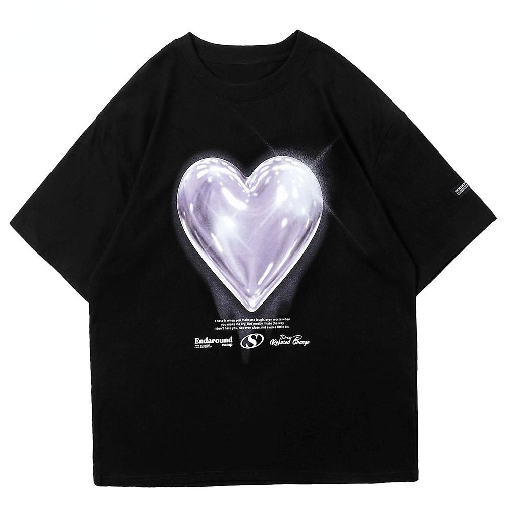 ZSIIBO Happy Girl Aolamegs Mannen Helder Hart T-shirts Paar College Stijl Casual Losse Mode Katoenen T-stukken Tops Zomer High Street Streetwear Mannelijke 2XL zwart