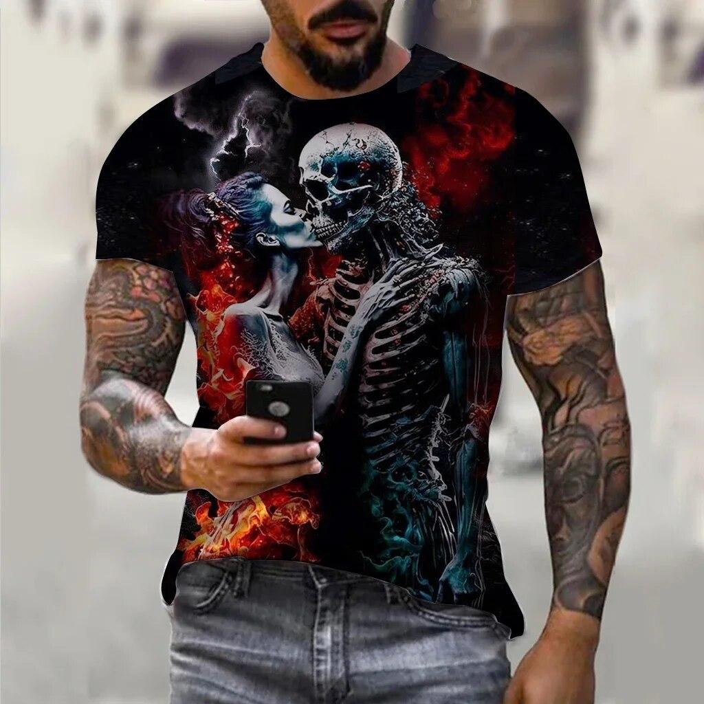 ETST WENDY 005 Retro heren T-shirt, 3D Skull Horror bedrukt T-shirt met korte mouwen, straatmode, zomer sneldrogend en ademende kleding M
