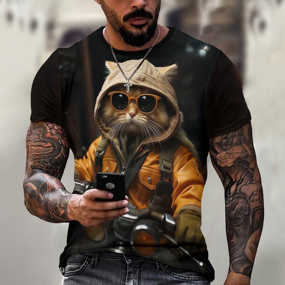 HerSight Casual heren T-shirt Stray Cat patroon bedrukt T-shirt Losse korte mouwen T-shirt Oversized herenkleding Tops Streetwear Zomer 4XL
