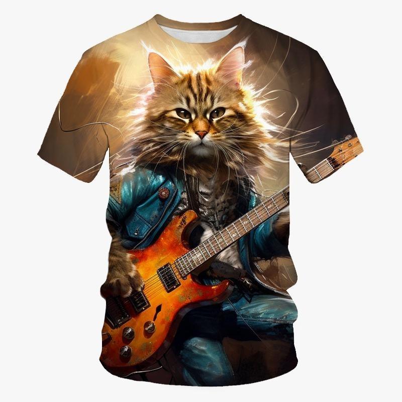 ETST 07 3D-print Gitaar Bas Kat T-shirt voor heren Dierlijke grafische T-shirt Hiphop persoonlijkheid Korte mouwen Ronde hals Rock T-shirts 5XL