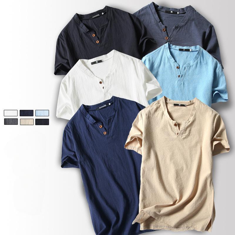 DSorothy Zomer T-shirt Heren Korte Mouw Los Ademend Katoen Linnen T-shirt Mannelijke Mode Effen Kleur V-hals T-shirts 5XL L blauw-grijze kleur
