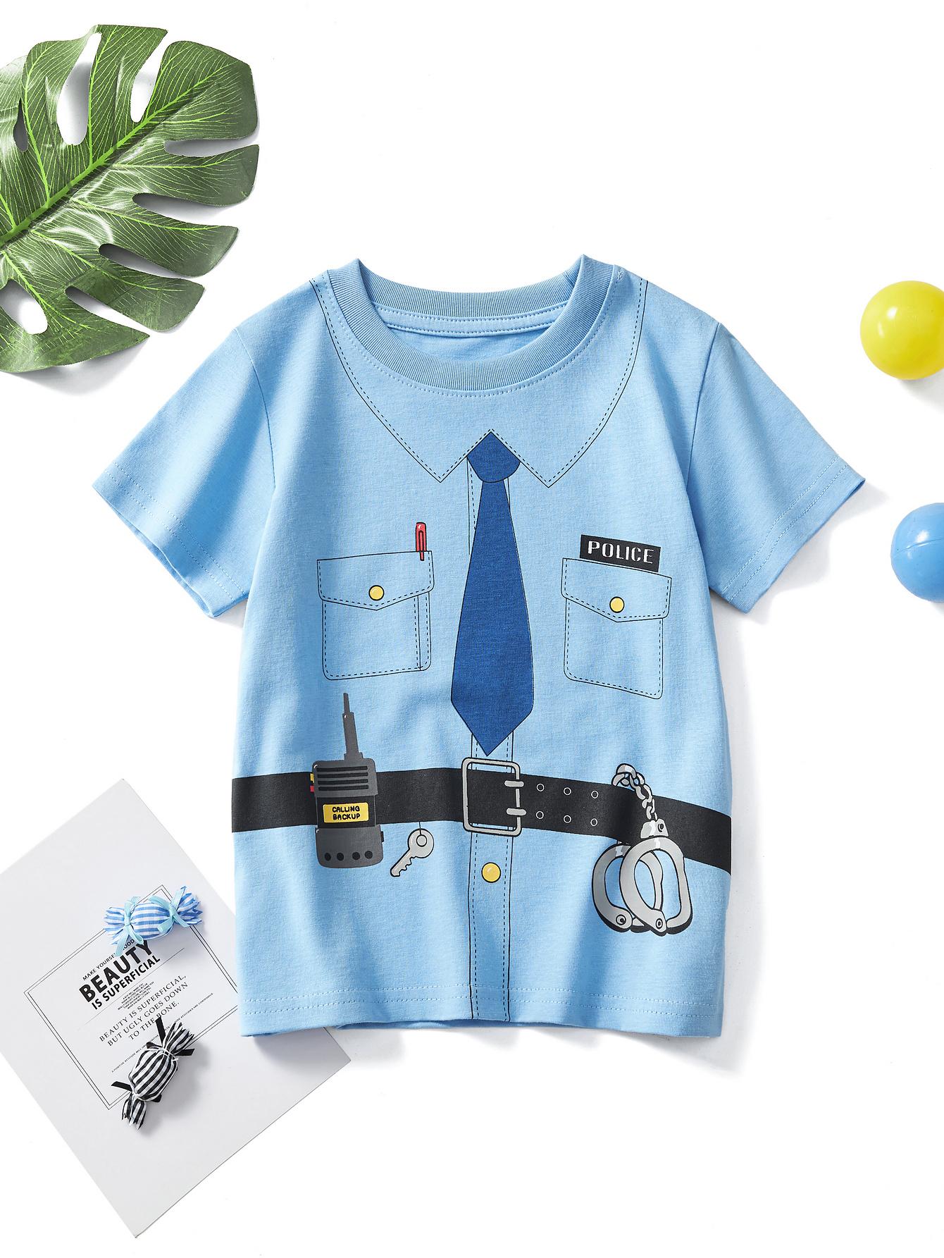 Xuhaijian02 Jongens casual katoenen korte mouwen T-shirt top cartoon politie stijl print zomer ademend eenvoudige stijl 150 blauw
