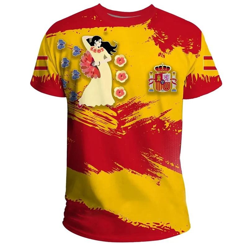 Xuhaijian02 Heren T-shirt Spanje Nationaal Embleem Bedrukt 3d T-shirts O-Hals Korte Mouw Mode Coole Kleding Grote Maat Losse Tops Voor Heren 6XL