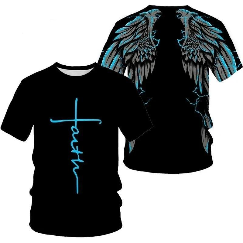 ETST WENDY 005 Mode Jezus Kruis Patroon T-shirt Voor Mannen Grappige 3D Vleugel Print Korte Mouw Tops Casual O-hals Losse T-shirts Zomer Trui 2XL