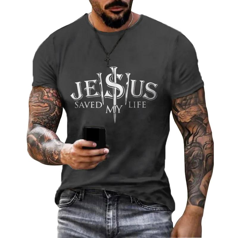 Transmission of love Retro Fashion Grijs T-shirt Jezus Letter 3D Geprint Korte Mouw Polyester Casual Herenkleding Trendy Zomer Tops T-shirts M