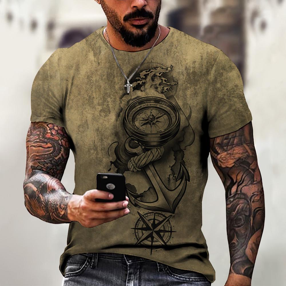ETST 03 Vintage Heren Korte Mouw Kompas Print T-shirt Nautische Tops Zomer O-hals Sweatshirt Tees Designer Dagelijkse Herenkleding L