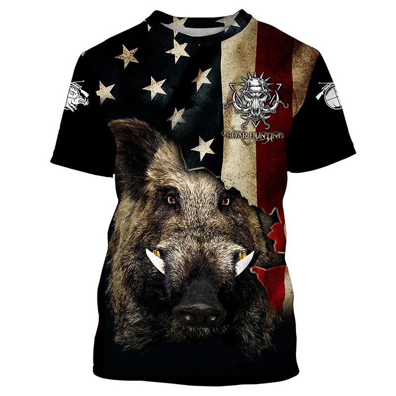 Laoxu 2024 Heren Jacht Dier Wild Boar 3D T-shirt Zomer Vrijetijds T-shirt Mode Heren Korte mouw Kleding S-5XL 5XL grijs