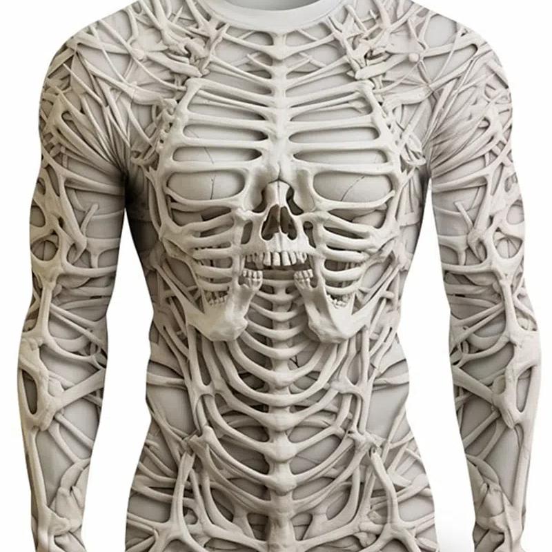 ETST 007 3D Print Skeletschedels Patroon T-shirts Mannen Lange Mouw Casual Mode T-shirt Top Sweatshirt Ademende Streetwear Losse T-shirts 2XL