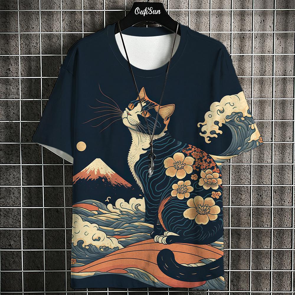 ETST WENDY 005 Cartoon Anime Kat Bedrukt T-shirt Voor Mannen Japanse T-shirts Wolf T-shirt Outdoor Hip Hop Tops Kleding Casual Losse Korte Mouw T-shirts XL