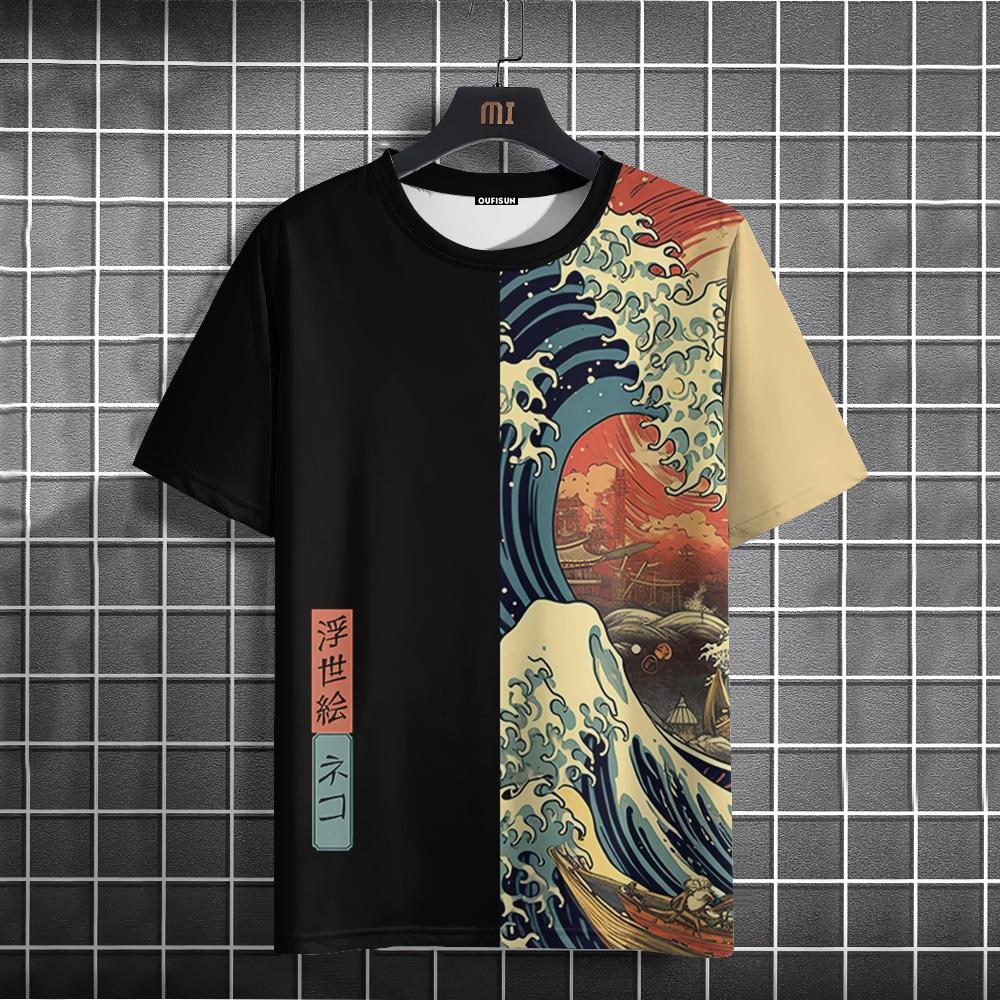 ETST 05 Japanse stijl heren T-shirt Ukiyo-e zeegolfpatroon bedrukking T-shirts Casual losse korte mouw T-shirt Oversized herenkleding Top 6XL