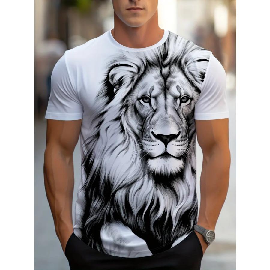 HerSight Grafische Wolf Print Heren Creatieve Top, Casual Ronde Hals Korte Mouw Licht Stretch T-shirt Voor Zomer Buiten L