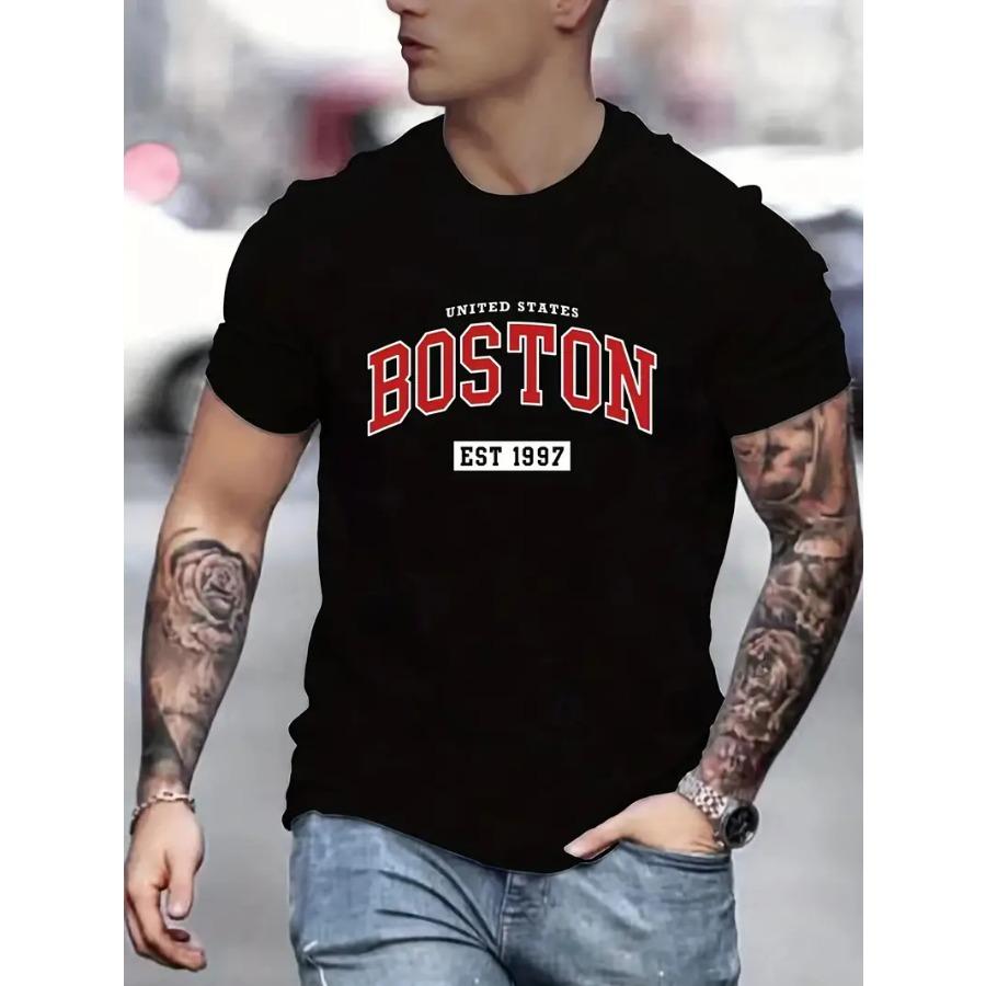 WowClassic Stijlvol Boston Letter Print Crew Neck T-shirt - Zacht licht stretch polyester All-season kleding voor outdoor- en straatmodeliefhebbers 6XL blauw