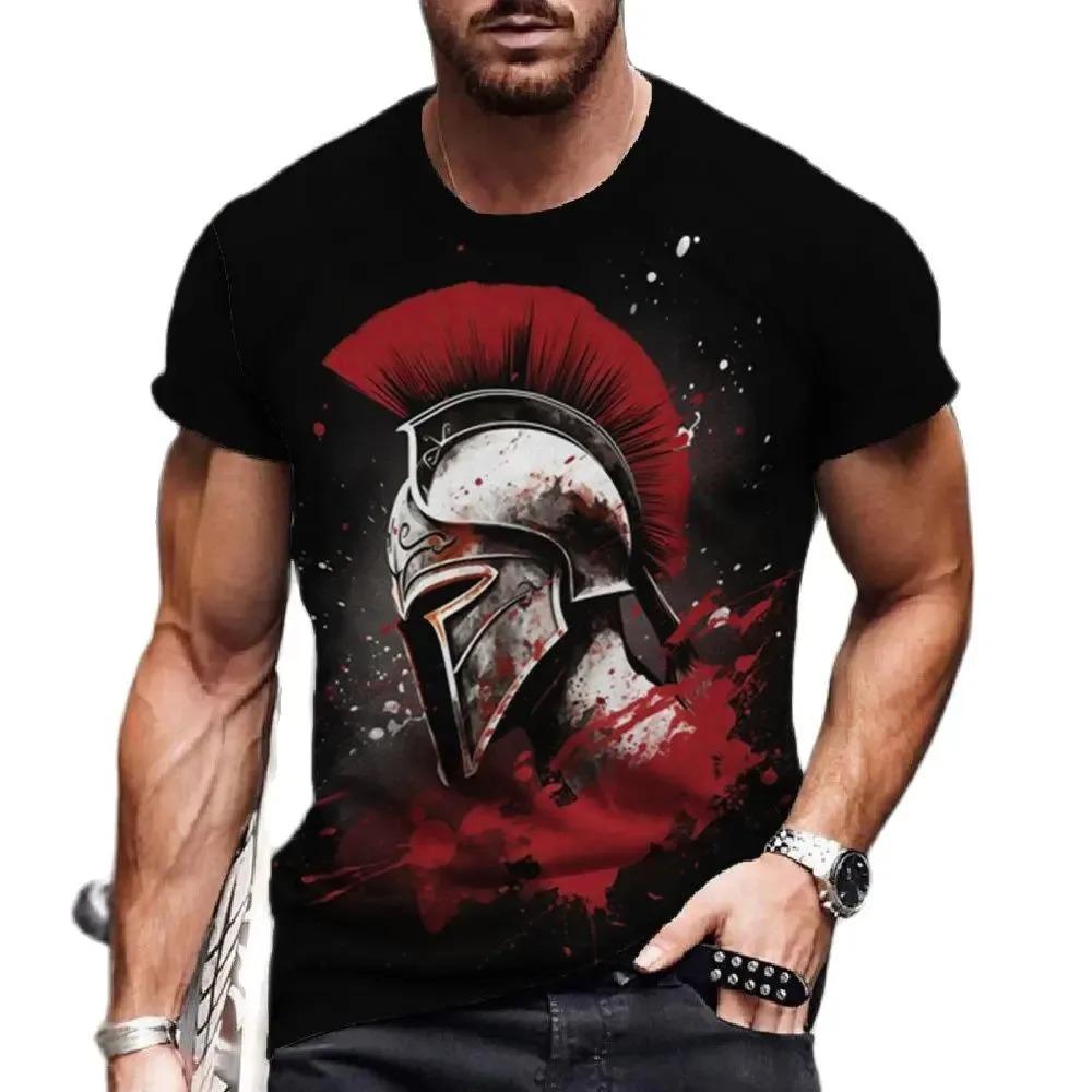 Laoxu Vintage Heren Korte Mouw T-shirt Spartan Knight 3D Print Grafisch Dagelijks Straat Zomer Oversized Tops Heren Shirts T Kleding2 6XL wit
